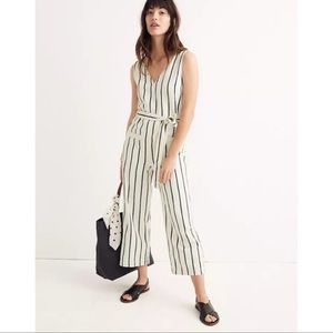 Madewell Size M Striped Jumpsuit Cropped Linen Blend Waist Tie Side Zip; NWT